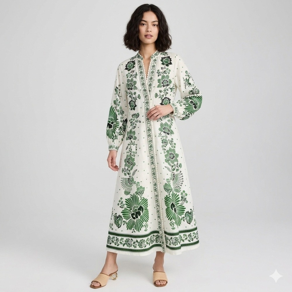 Christian Lacroix Cream and Green Floral Midi Dress
